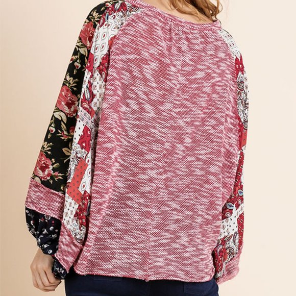 Umgee Top Size S M L Floral Long Puff Sleeve Knit V-Neck - Picture 4 of 6